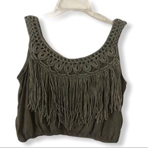 POL Green Boho Fringe Crop Tank Top Asst Sizes